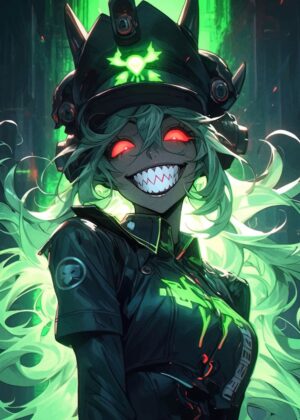 Green-Haired Anime Girl Art Print - Premium Wooden Framed Poster. Ready to Hang.