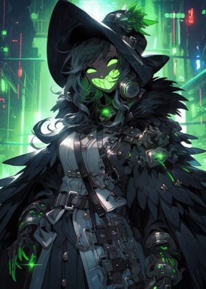 Green Witch Cyberpunk Art Print - Premium Wooden Framed Poster. Ready to Hang.