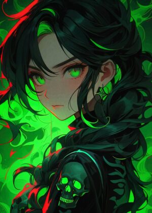 Green-Eyed Anime Girl Art Print - Premium Wooden Framed Poster. Ready to Hang.