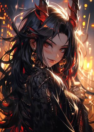 Fiery Anime Girl with Horns: Digital Art Print - Premium Wooden Framed Poster. Ready to Hang.
