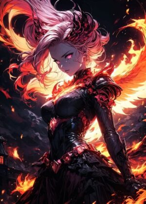 Fiery Anime Warrior: A Digital Art Print - Premium Wooden Framed Poster. Ready to Hang.
