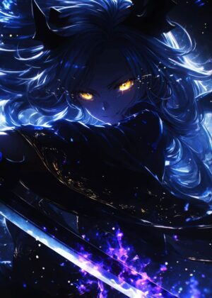 Dark Anime Warrior Woman with Swords - Premium Wooden Framed Poster. Ready to Hang.