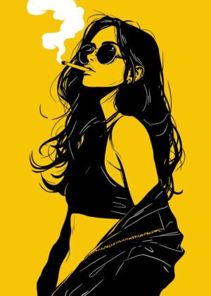 Cool Girl Smoking Cigarette: Bold Yellow Artwork - Premium Wooden Framed Poster. Ready to Hang.