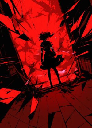 Anime Girl in a Crimson Inferno - Premium Wooden Framed Poster. Ready to Hang.