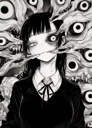 Horror Anime Girl: Dark Fantasy Art Print - Premium Wooden Framed Poster. Ready to Hang.