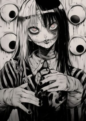 Creepy Anime Girl Art Print - Premium Wooden Framed Poster. Ready to Hang.