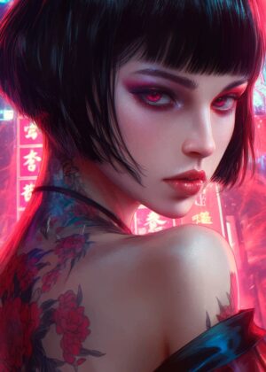 Cyberpunk Tattooed Woman Art Print - Premium Wooden Framed Poster. Ready to Hang.