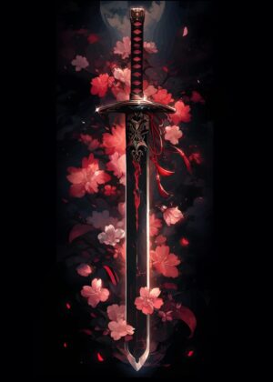Crimson Sakura: A Breathtaking Digital Art Print - Premium Wooden Framed Poster. Ready to Hang.