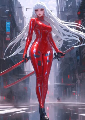 Cyberpunk Anime Girl in Red Catsuit - Premium Wooden Framed Poster. Ready to Hang.
