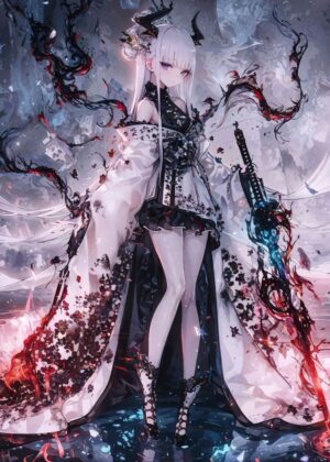 Anime Girl with Sword: Mystical Warrior Art Print - Premium Wooden Framed Poster. Ready to Hang.