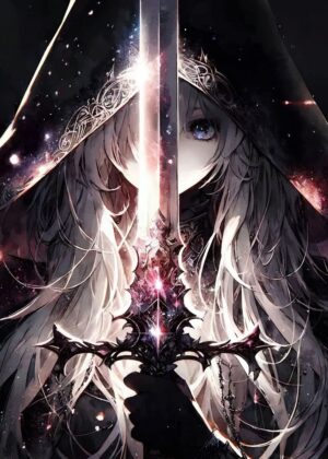 Anime Girl with Sword: Celestial Warrior - Premium Wooden Framed Poster. Ready to Hang.
