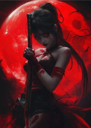 Blood Moon Warrior: A Dark Fantasy Art Print - Premium Wooden Framed Poster. Ready to Hang.