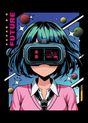 Cyberpunk Anime Girl in VR: Future Visions - Premium Wooden Framed Poster. Ready to Hang.