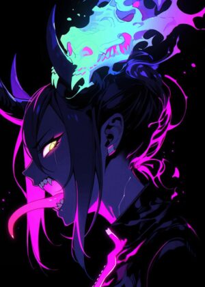 Neon Demon Girl with Skull Headpiece - Premium Wooden Framed Poster. Ready to Hang.