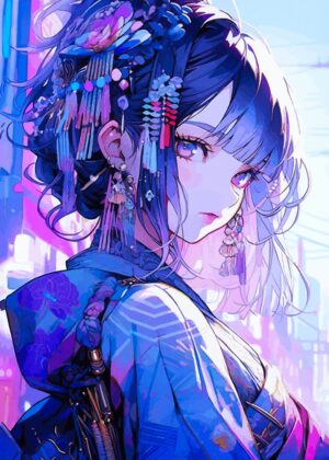 Vibrant Anime Girl in Traditional Kimono - Premium Wooden Framed Poster. Ready to Hang.