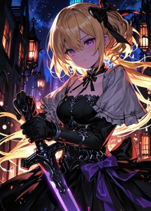 Anime Girl with Sword: Night City Beauty - Premium Wooden Framed Poster. Ready to Hang.