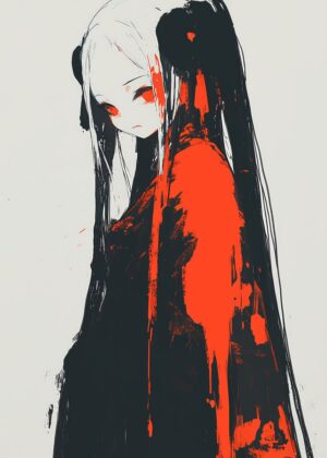 Anime Girl in Red and Black: Abstract Art Print - Premium Wooden Framed Poster. Ready to Hang.