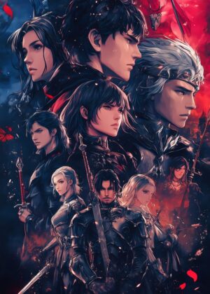 Anime Fantasy Art Print: Epic Heroes & Intrigue - Premium Wooden Framed Poster. Ready to Hang.