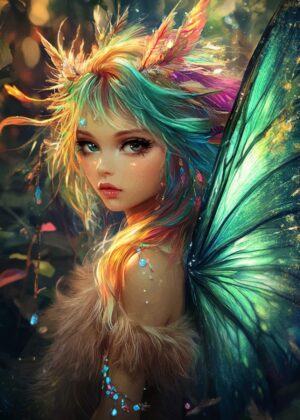Enchanted Fairy with Emerald Wings - Premium Wooden Framed Poster. Ready to Hang.