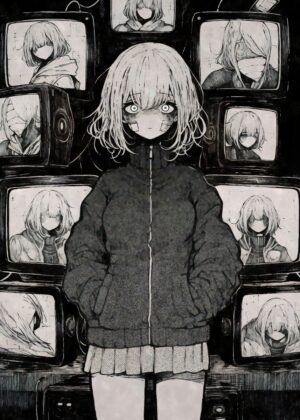 Anime Girl in a Digital World - Premium Wooden Framed Poster. Ready to Hang.