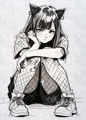 Anime Cat Girl Sketch Art Print - Premium Wooden Framed Poster. Ready to Hang.