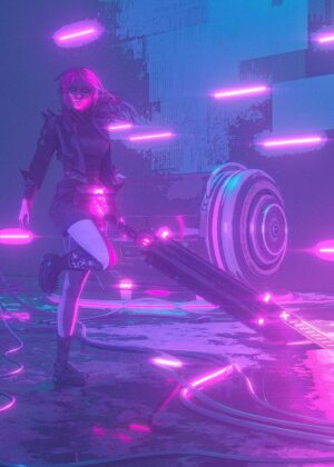 Cyberpunk Girl with Sword of Amber: Synthwave Art Print - Premium Wooden Framed Poster. Ready to Hang.