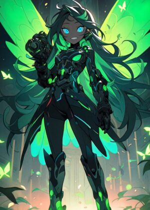 Green-Haired Cyborg Fairy: High-Quality Digital Art Print - Premium Wooden Framed Poster. Ready to Hang.