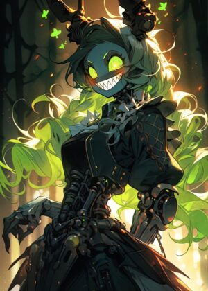 Cyberpunk Demon Girl: Digital Art Print - Premium Wooden Framed Poster. Ready to Hang.