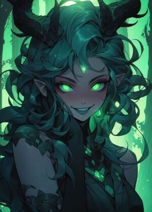 Green-Eyed Demoness: A Captivating Fantasy Artwork - Premium Wooden Framed Poster. Ready to Hang.