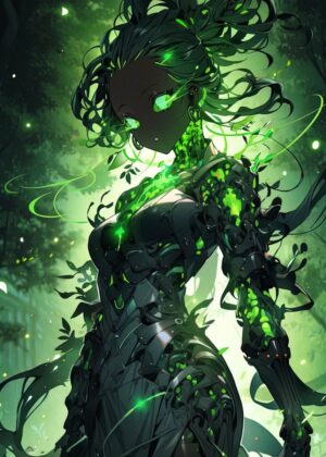 Green Cyborg Anime Girl Art Print - Premium Wooden Framed Poster. Ready to Hang.
