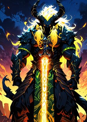 Demonic Warrior: A Fiery Masterpiece - Premium Wooden Framed Poster. Ready to Hang.