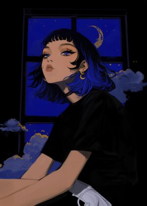 Anime Girl Pt. 2: Night Sky Dreams - Premium Wooden Framed Poster. Ready to Hang.