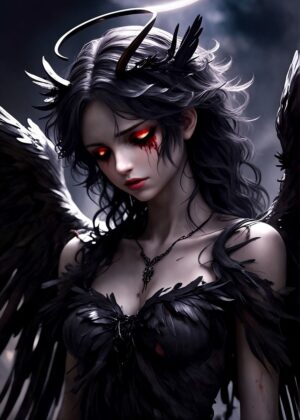 Fallen Angel: Dark Wings, Fiery Eyes - Premium Wooden Framed Poster. Ready to Hang.