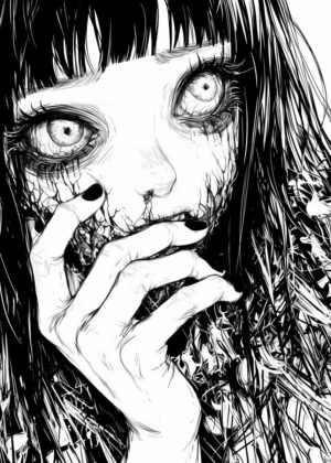 Disturbingly Beautiful Horror Anime Girl Art Print - Premium Wooden Framed Poster. Ready to Hang.