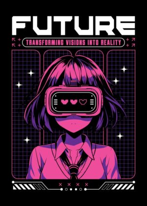 Future Visions: Anime Girl in VR - Premium Wooden Framed Poster. Ready to Hang.