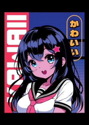 Kawaii Anime Girl: Y2K Cyberpunk Style - Premium Wooden Framed Poster. Ready to Hang.
