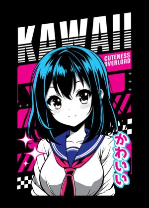 Kawaii Anime Girl: Cuteness Overload - Premium Wooden Framed Poster. Ready to Hang.