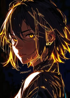 Anime Girl with Glowing Hair: Fiery Digital Art Print - Premium Wooden Framed Poster. Ready to Hang.