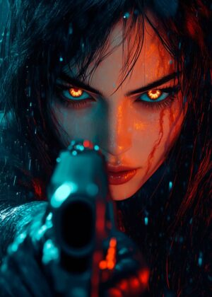 Cyberpunk Female Warrior: Neon Nights - Premium Wooden Framed Poster. Ready to Hang.