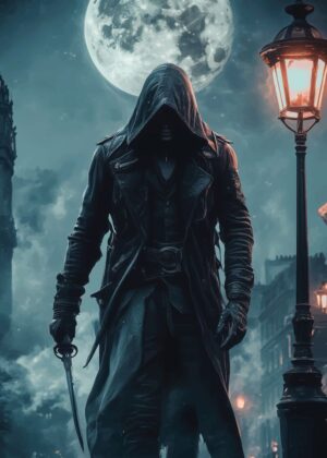 Mysterious Figure in a Gothic Cityscape - Premium Wooden Framed Poster. Ready to Hang.