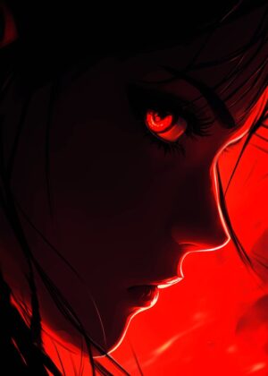 Anime Girl with Fiery Red Eyes: Dark Art Print - Premium Wooden Framed Poster. Ready to Hang.
