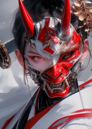 Red Oni Mask: Digital Art Print - Premium Wooden Framed Poster. Ready to Hang.