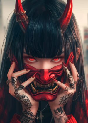 Demon Girl with Oni Mask: Dark Fantasy Art Print - Premium Wooden Framed Poster. Ready to Hang.