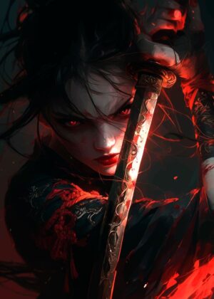 Red-Eyed Warrior Woman: A Striking Digital Art Print - Premium Wooden Framed Poster. Ready to Hang.