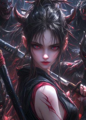 Demon Slayer Girl: Digital Art Print - Premium Wooden Framed Poster. Ready to Hang.