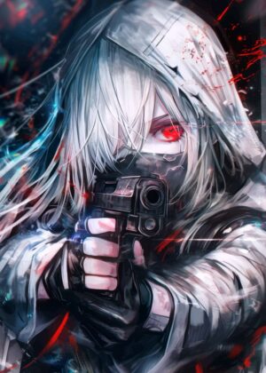 Anime Girl with Gun: Fierce and Determined Digital Art Print - Premium Wooden Framed Poster. Ready to Hang.