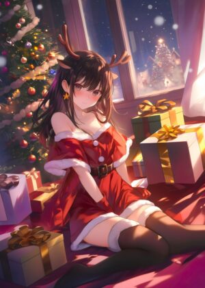 Christmas Anime Girl: Festive Holiday Artwork - Premium Wooden Framed Poster. Ready to Hang.
