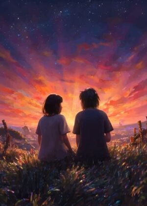 Romantic Sunset Couple Silhouette Artwork - Premium Wooden Framed Poster. Ready to Hang.