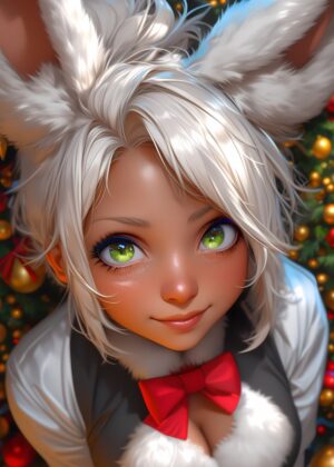 Anime Girl with Bunny Ears: Festive Holiday Artwork - Premium Wooden Framed Poster. Ready to Hang.