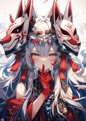 Kitsune Mask Anime Girl Art Print - Premium Wooden Framed Poster. Ready to Hang.